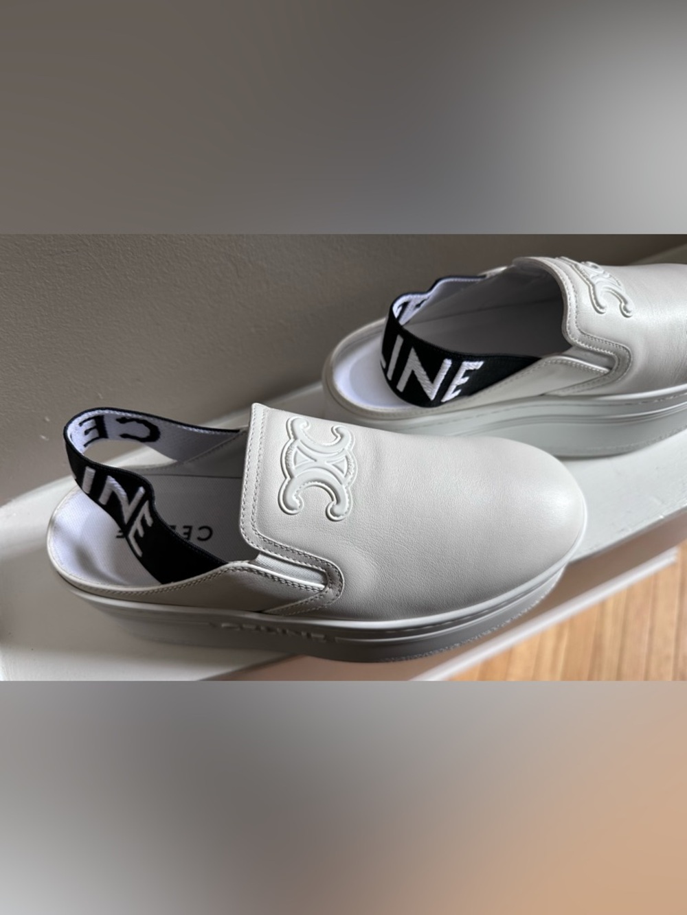 Celine White Leather Platform Slip-On with Black Logo Heel Strap - Picture 3 of 14